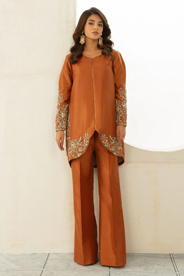 2 Piece Heavenly Designed Orange Embroidered Jacket Paired With Matching Flared Pants